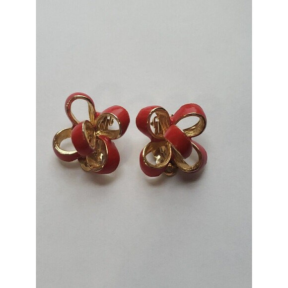 Vintage Gay Boyer Red Enamel Ribbon Bow Clip On Earrings Gold Tone Signed Retro - Picture 2 of 15